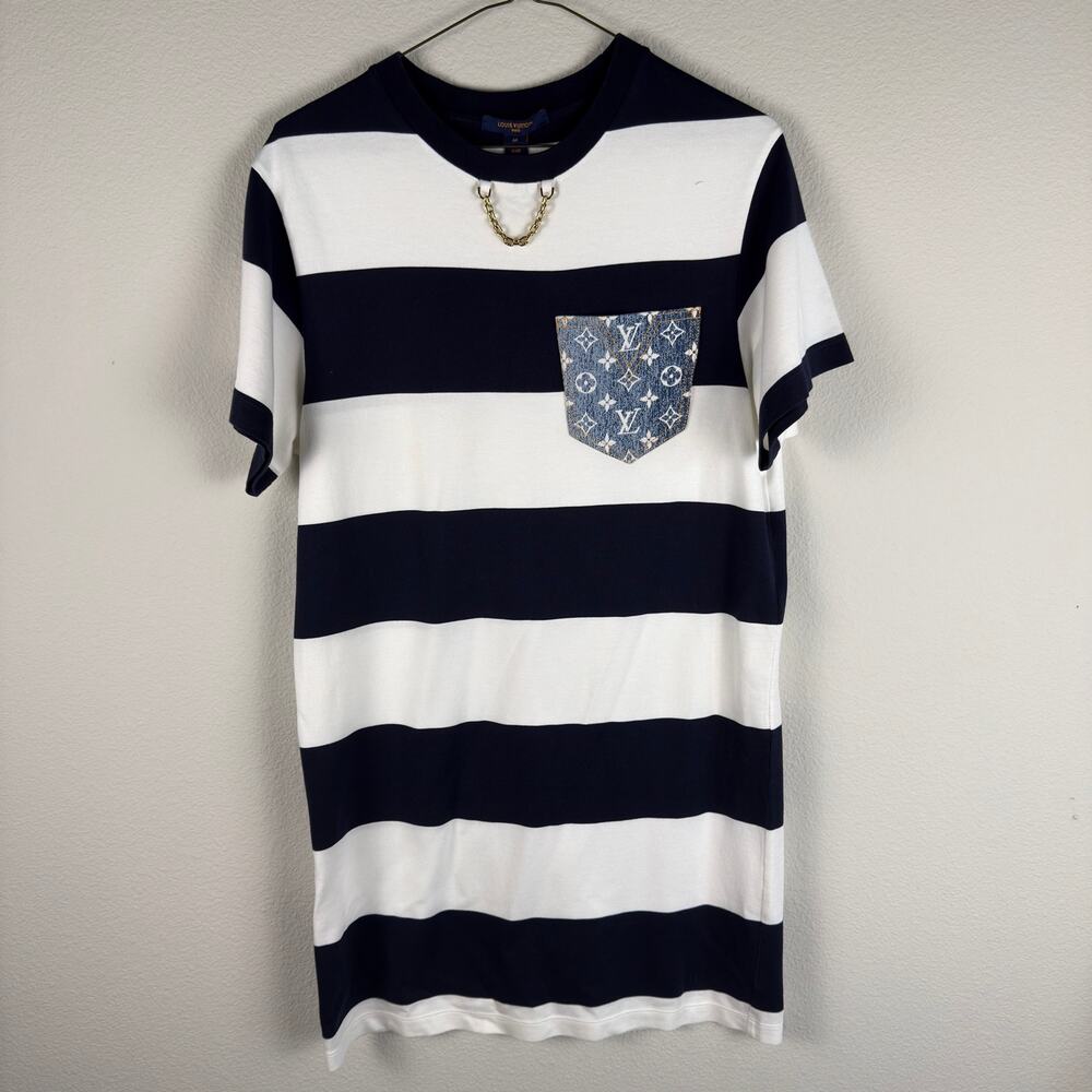 Louis Vuitton Striped Monogram Pocket T-Shirt Chain Detail Size M Women's